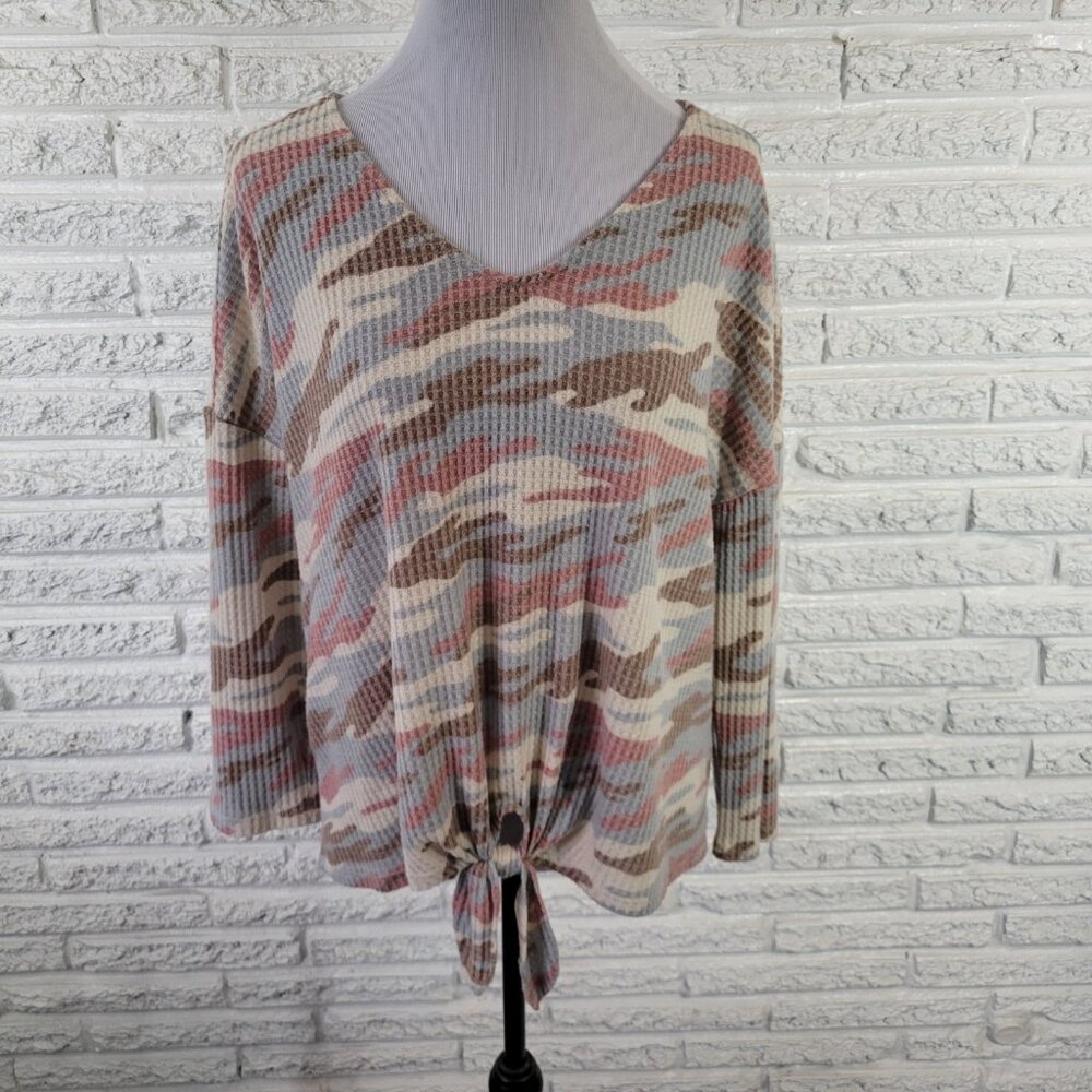 Como Vintage Women's XL Blue Watercolor Waffle Knit Asymmetric‎ V-Neck WAT17E